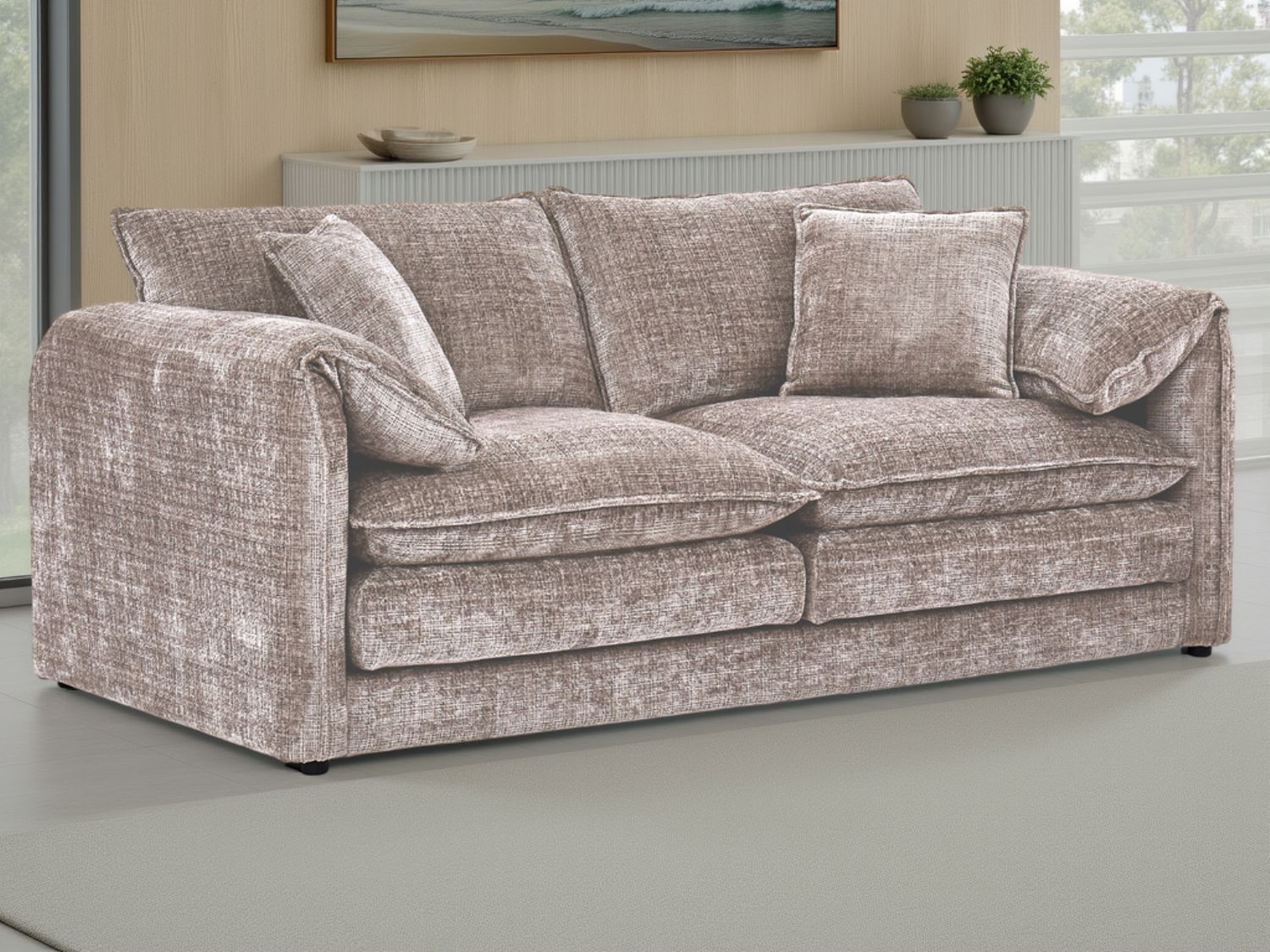 Beige Chenille Fabric 3 Seater Sofa Standard Back